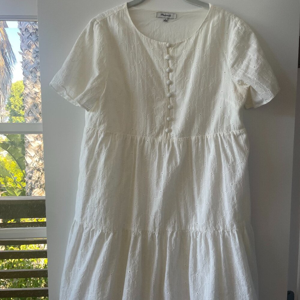 Madewell Embroidered Eyelet Button-Front Tiered Mini Dress, Lighthouse, M, MC958